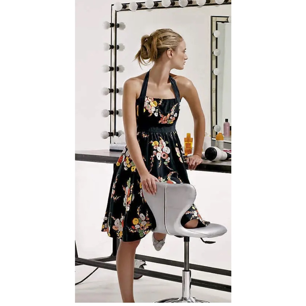 Anthropologie Moulinette Soeurs -Black Floral Halter Silk Pinup Party Midi Dress